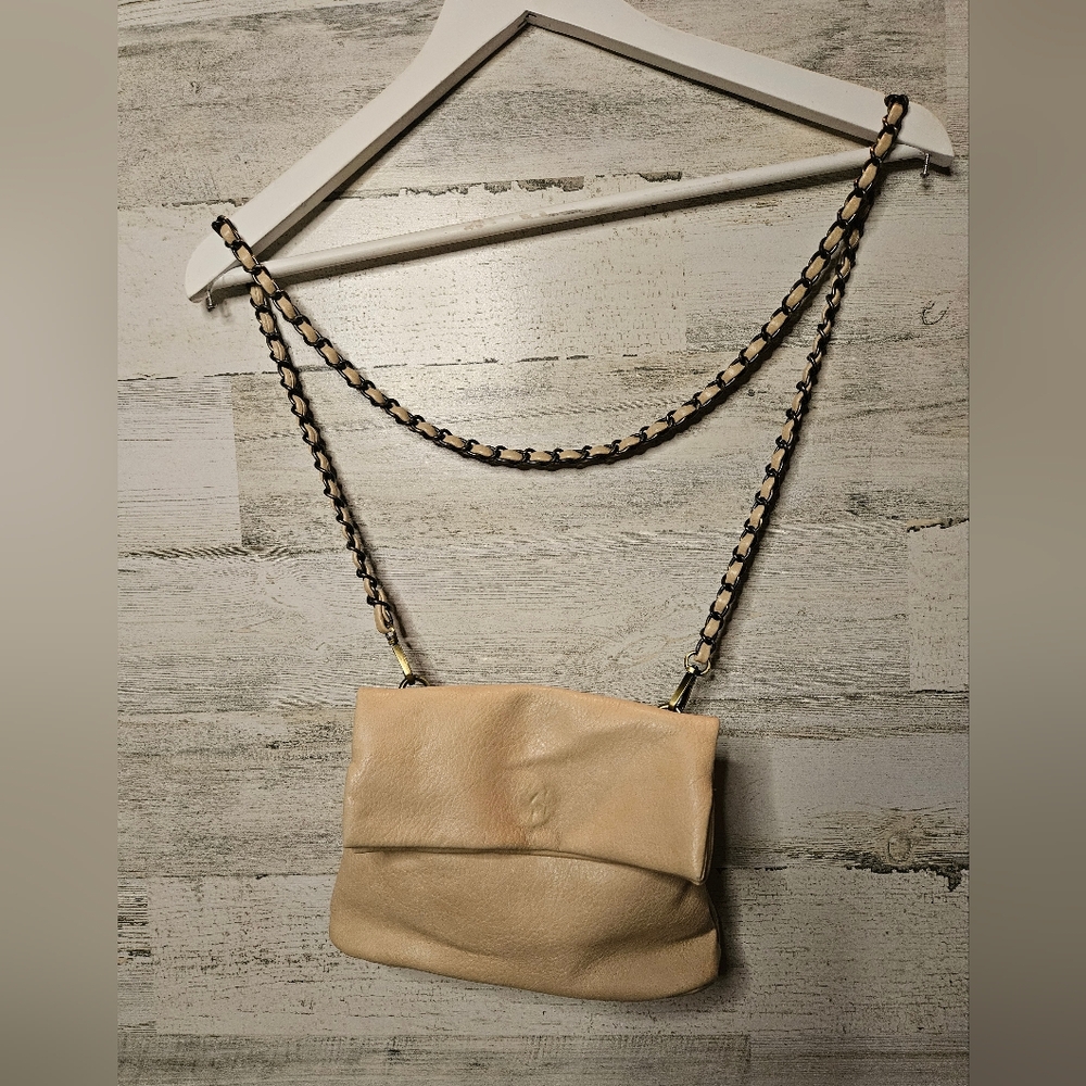 Anthropologie Faux Leather Small Shoulder Bag Cream Metal Link Strap
